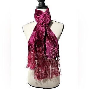 Elegant Fuchsia Scarf with Fringe and Velvet Floral Pattern, approx. 9.5” x 72”